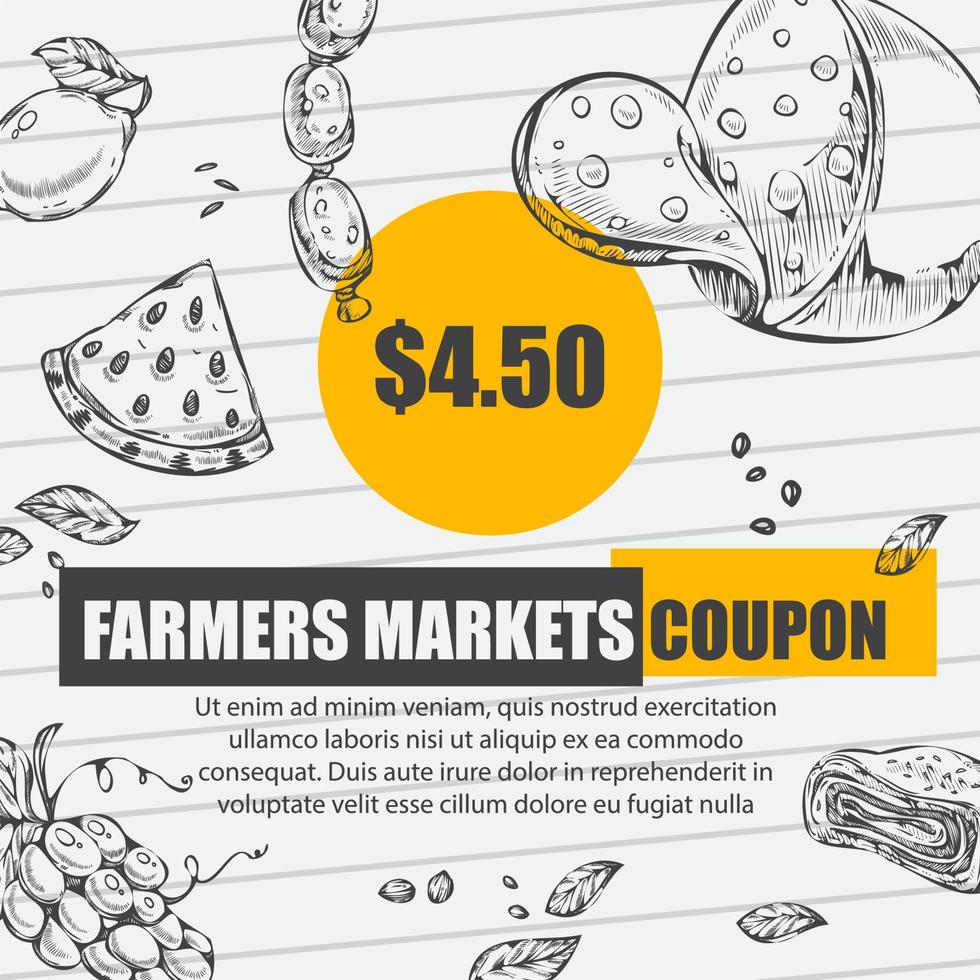 Farmers coupons on markets, discounts and sales vector