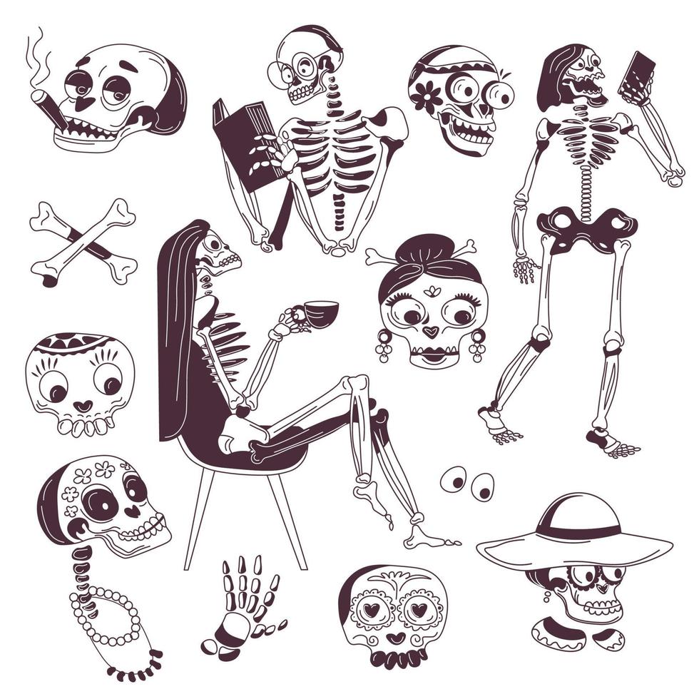 Skeleton sketches, characters man and woman vector