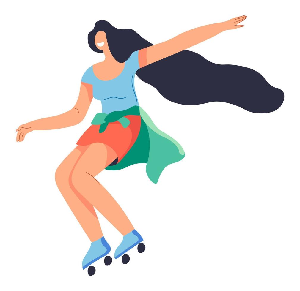 Woman roller skating, teenager hobby resting girl vector