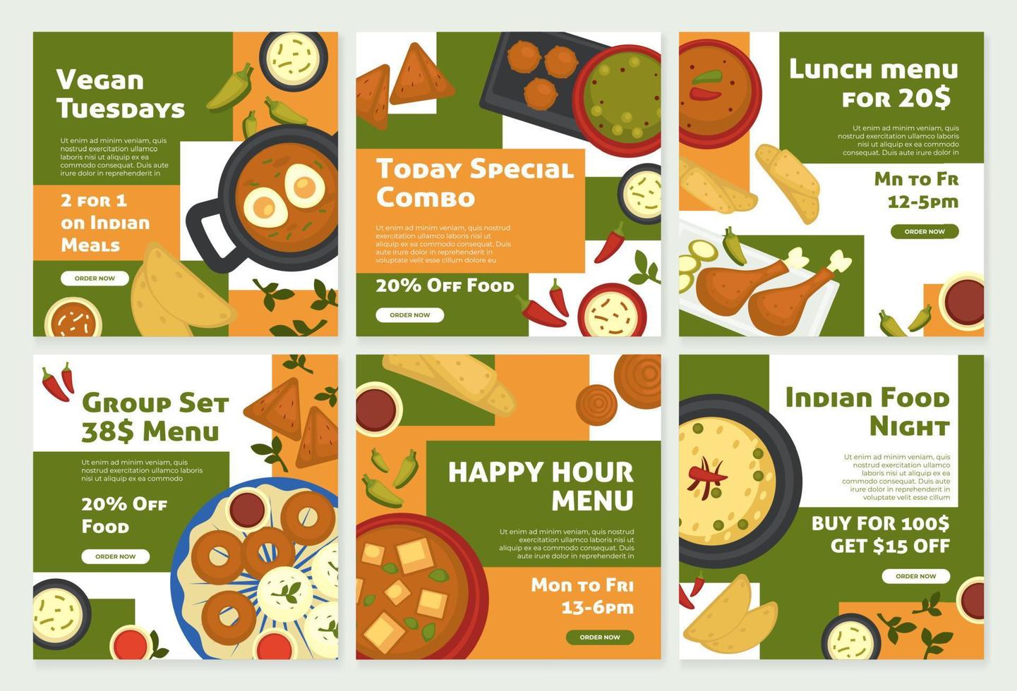 venta de comida india, conjunto de banners de plantillas de redes sociales vector