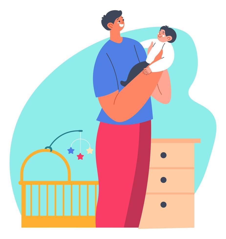 Dad holding toddler son on hands, family life vector