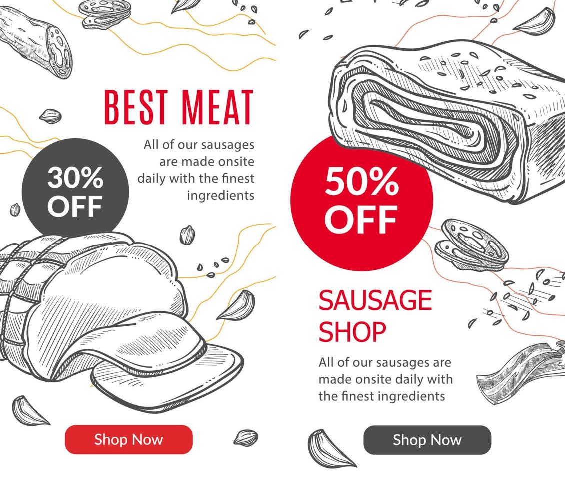 Best meat and sausages, shop with sales on ham vector