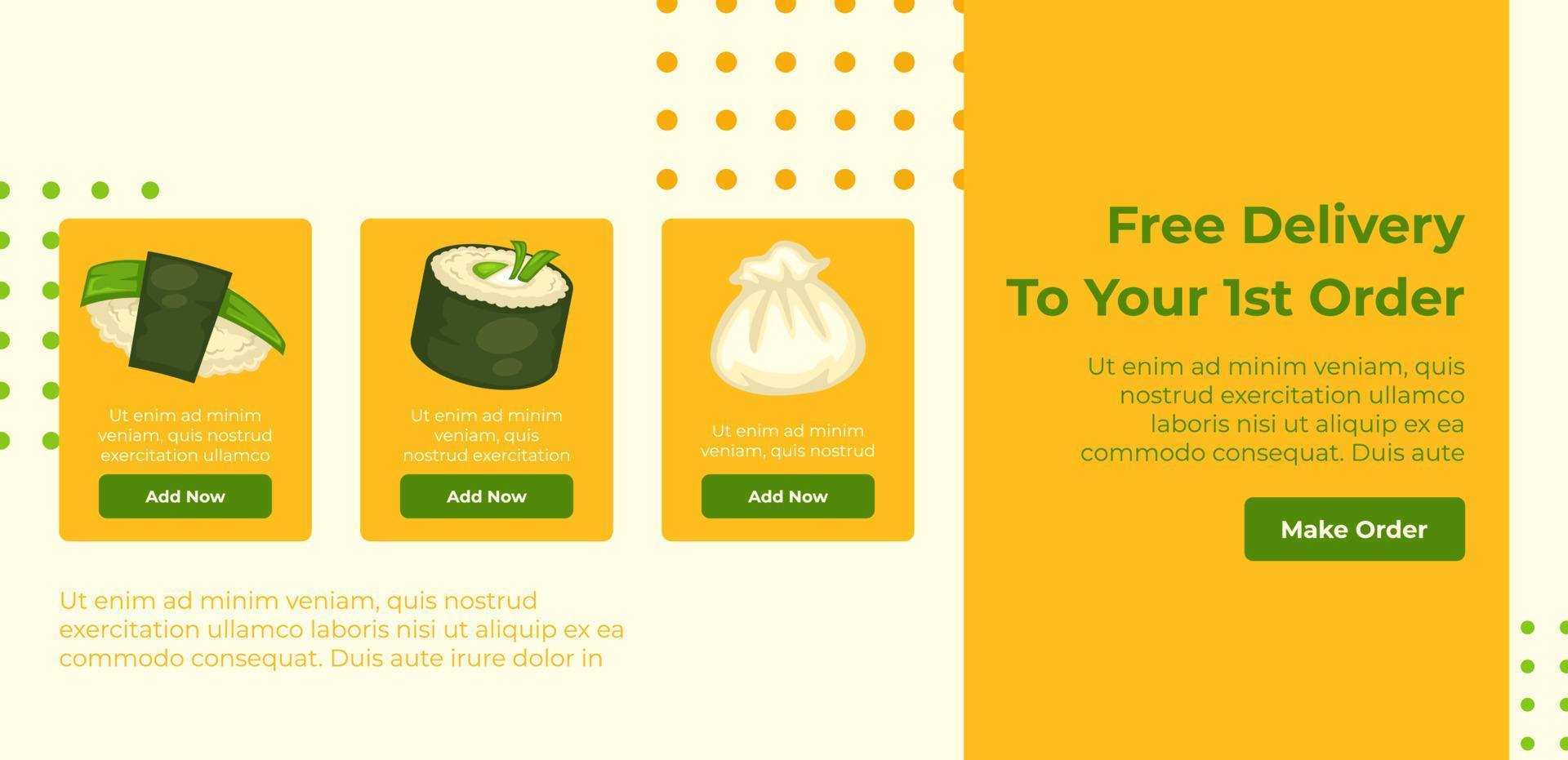 Free delivery on your first sushi order website vector