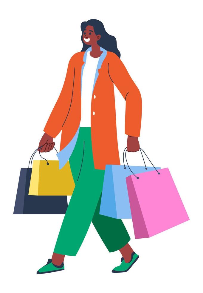 Shopping woman with bags, lady returning from mall vector