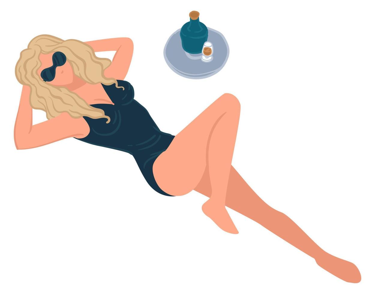 Female character relaxing with champagne drink vector