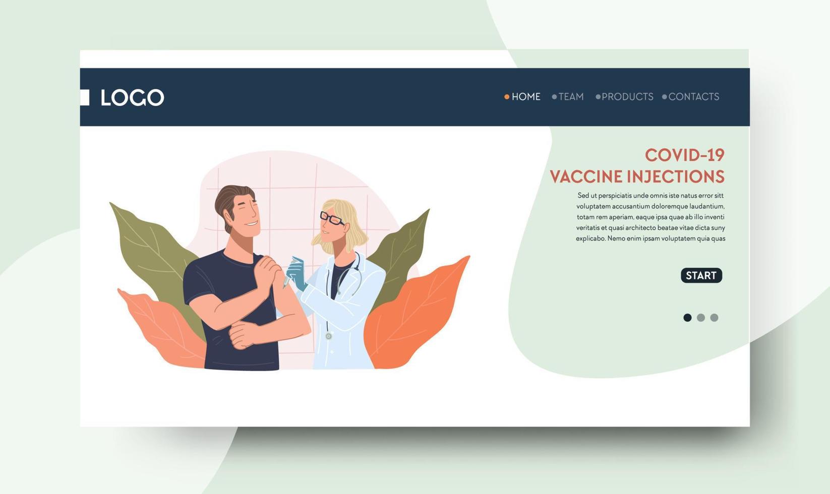 Covid 19 vaccine injections, male character having shot at clinics or hospital. Nurse with syringe and patient. Website or web landing page template with navigation buttons. Vector in flat style