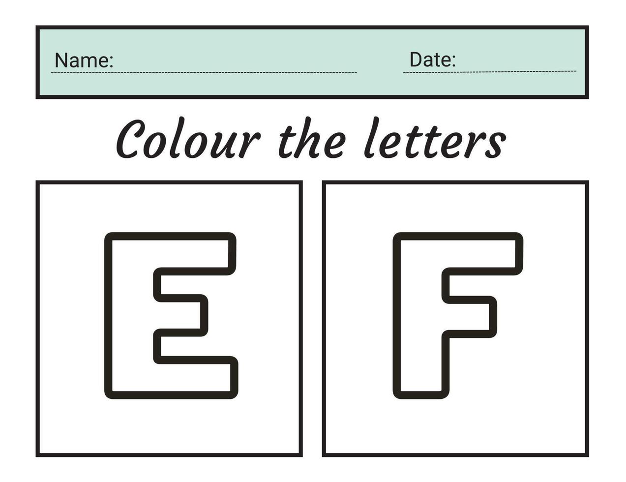 letter E - F coloring practice worksheet with all numbers for kids