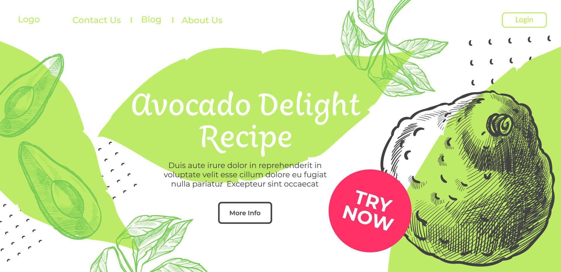 receta de delicias de aguacate, sitio web con vector de platos