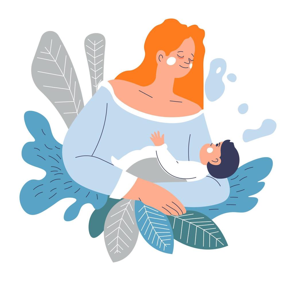 Mother holding baby on hands, caring for child vector
