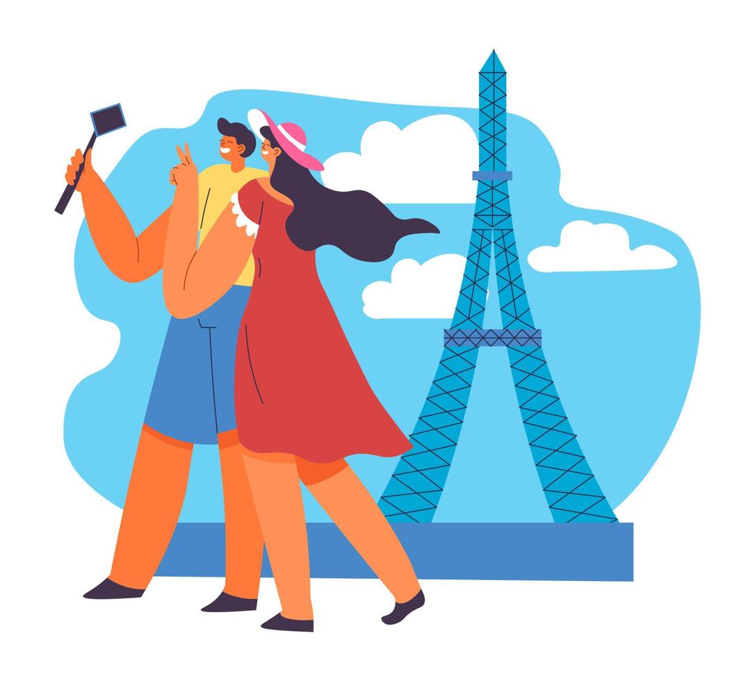 personas que viajan en paris tomando selfie vector