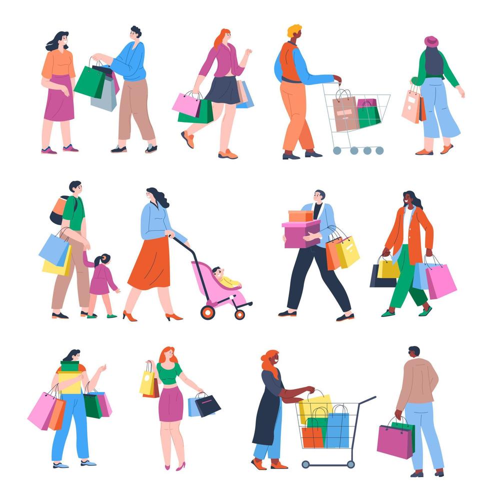 gente de compras con bolsas, pasatiempos o tiempo libre vector