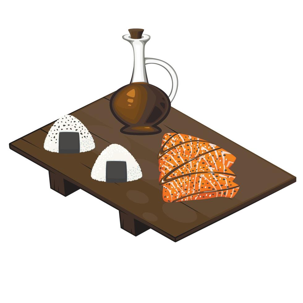 conjunto de comida asiática de onigiri, salsa de soja, sushi y salmón fresco vector