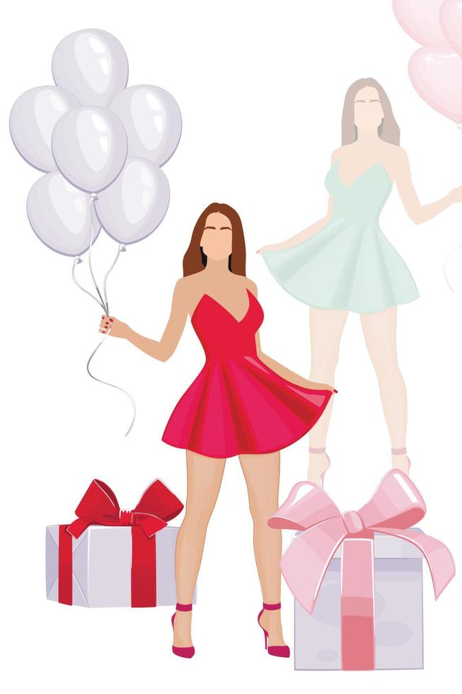 Valentine's Day element, Woman with balloons and gift. Valentines Day design concept vector
