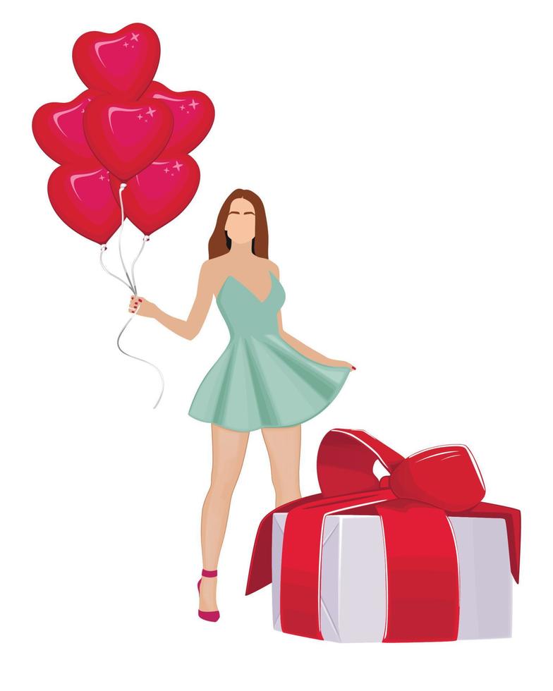 elemento de san valentín, mujer con globos y regalo. concepto de diseño del día de san valentín vector