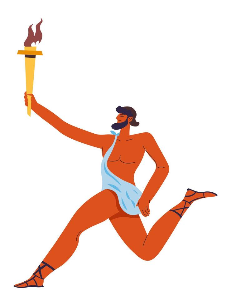 personaje masculino corriendo con antorcha de llama olímpica vector
