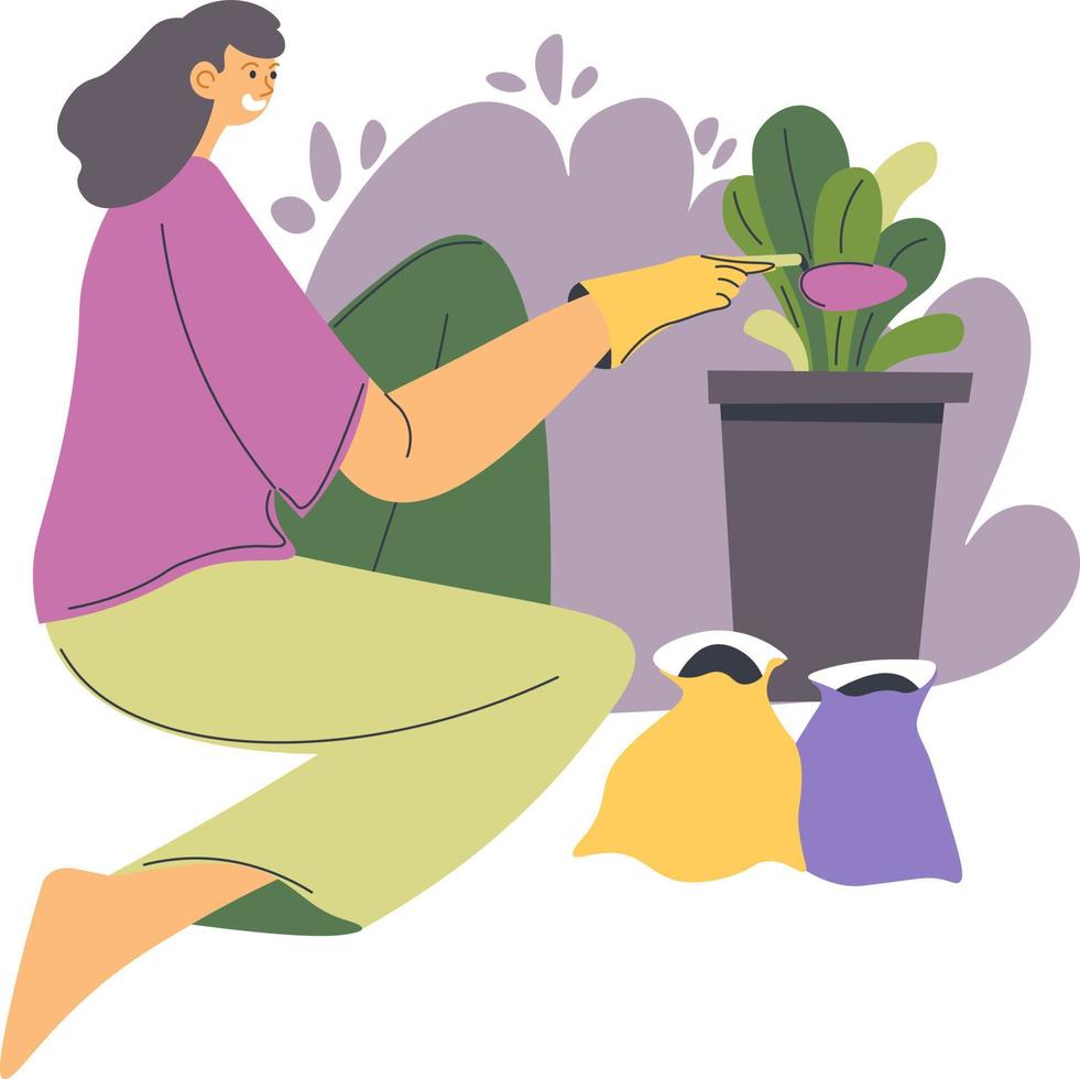 Woman planting flowers in pots, gardening hobby vector