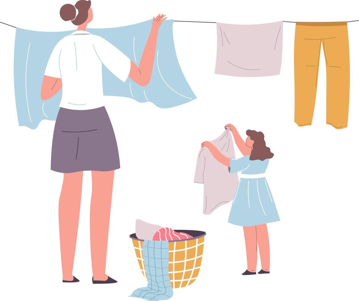 pequeña hija ayudando a la madre a colgar la ropa lavada en una cuerda para que se seque. quehaceres domésticos y rutina doméstica, ama de casa con patín afuera. estilo de vida familiar y sencillo. vector en estilo plano