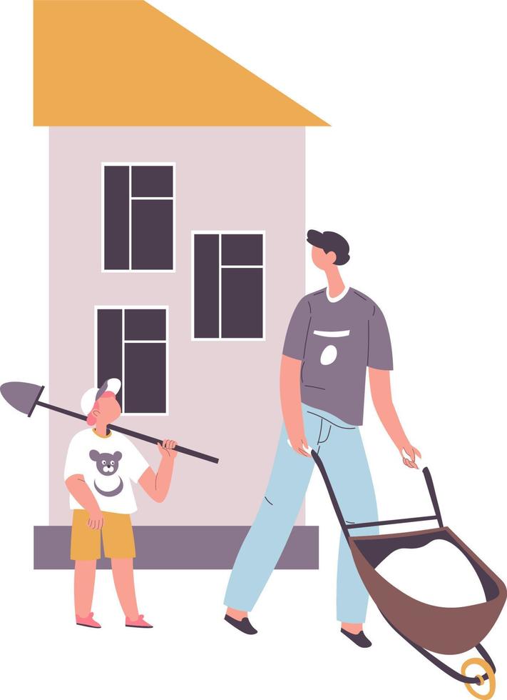 Dad and son working on building on construction site by house, father and small kid with instrument helping daddy. Man with wheelbarrow and material, kiddo with metal shovel. Vector in flat style