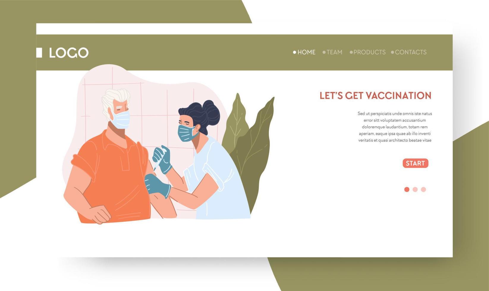 Lets get vaccination, stop covid 19 and virus diseases. Senior man having injection at hospital or private clinic. Website or web landing page template with navigation buttons. Vector in flat style