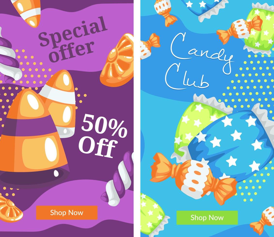 Special offer and candy club, shop or store web vector