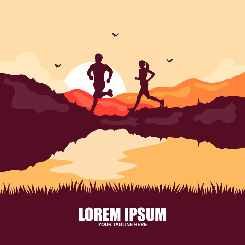 Marathon run. Group of running people, men and women. Isolated vector silhouettes