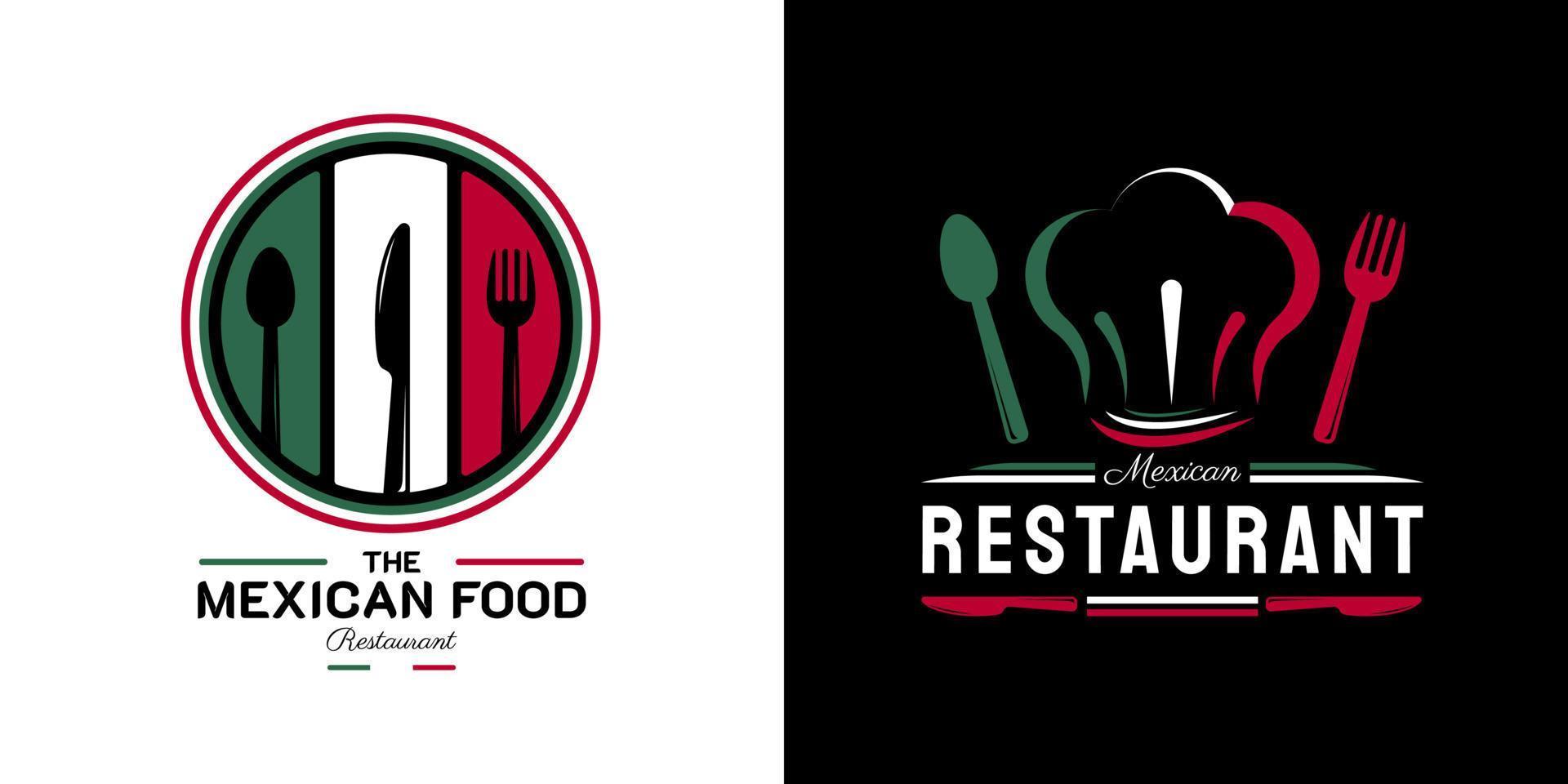 Mexican Food Restaurant Logo. Mexico flag symbol with Spoon, Fork, and Knife icons. On green, white, and red colors. Premium and Luxury  vector illustration