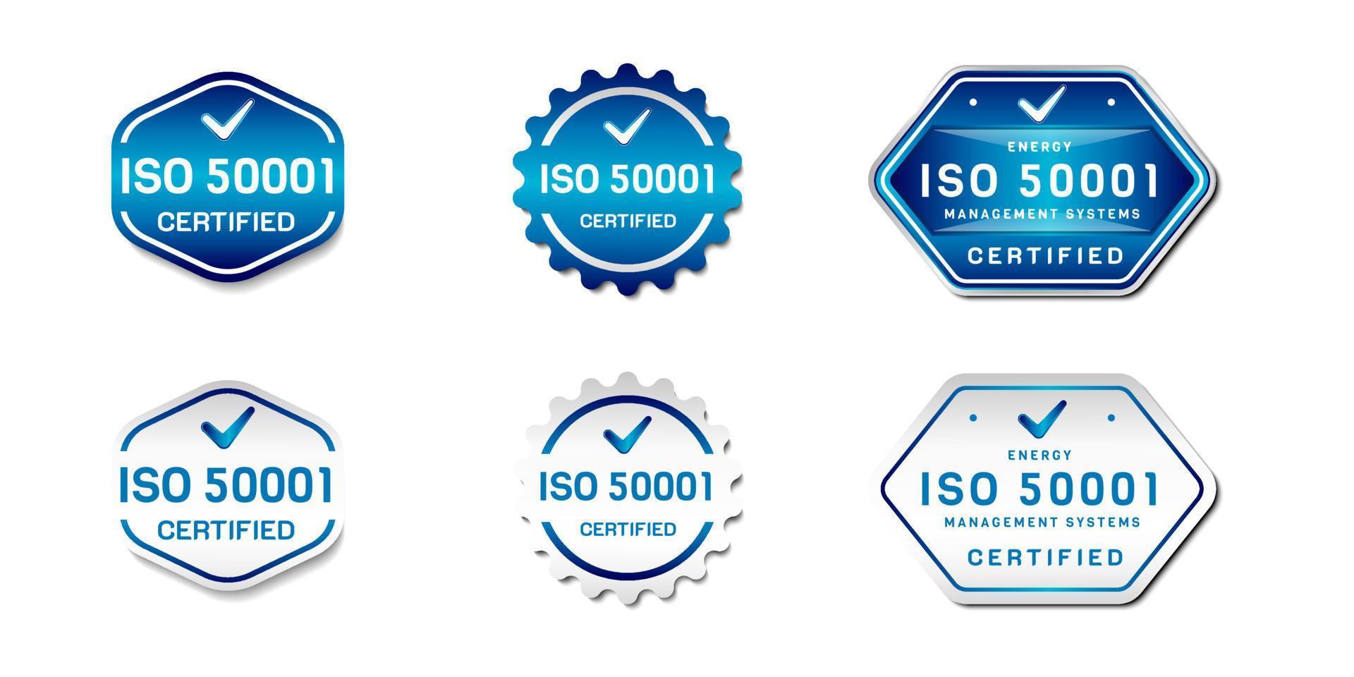 sello de etiqueta certificado iso 50001. señal del sistema de gestión de energía. con icono de verificación. en degradado de color azul y blanco. plantilla de vector de emblema premium y de lujo