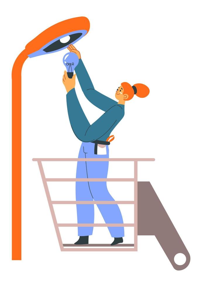 Electrician woman fixing lamp installing bulb vector