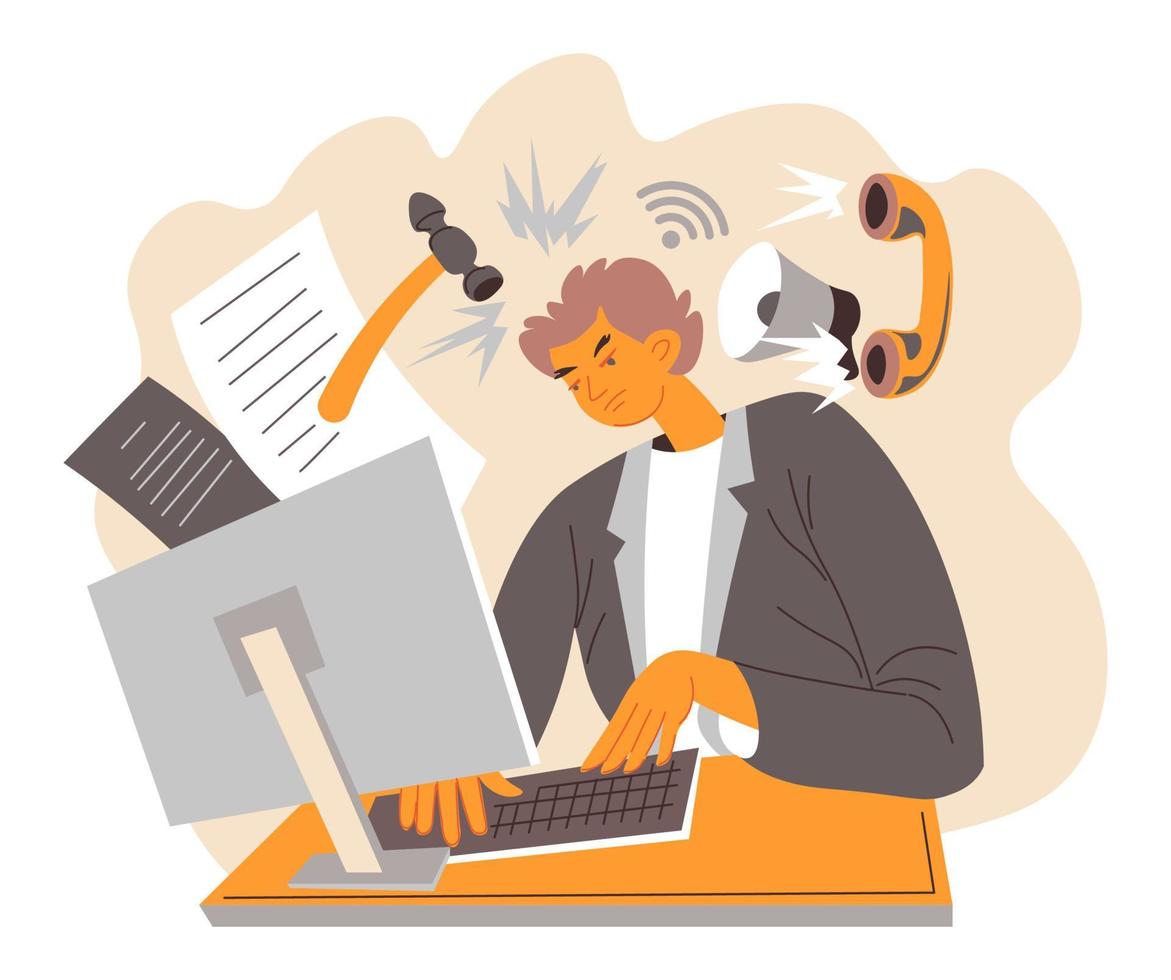Overworking and getting stress at work, sad mad vector