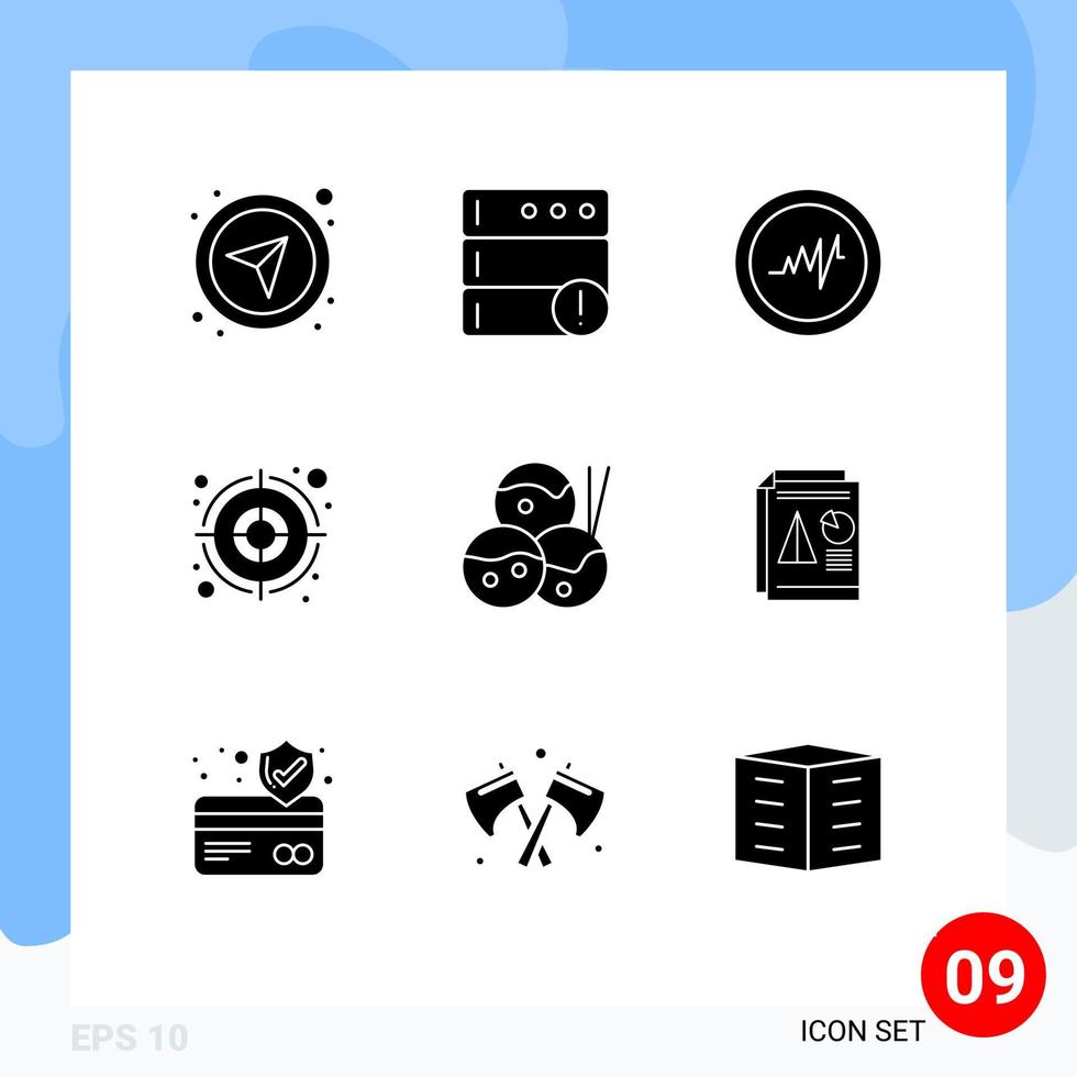 9 Thematic Vector Solid Glyphs and Editable Symbols of pie report pulse takoyaki food Editable Vector Design Elements