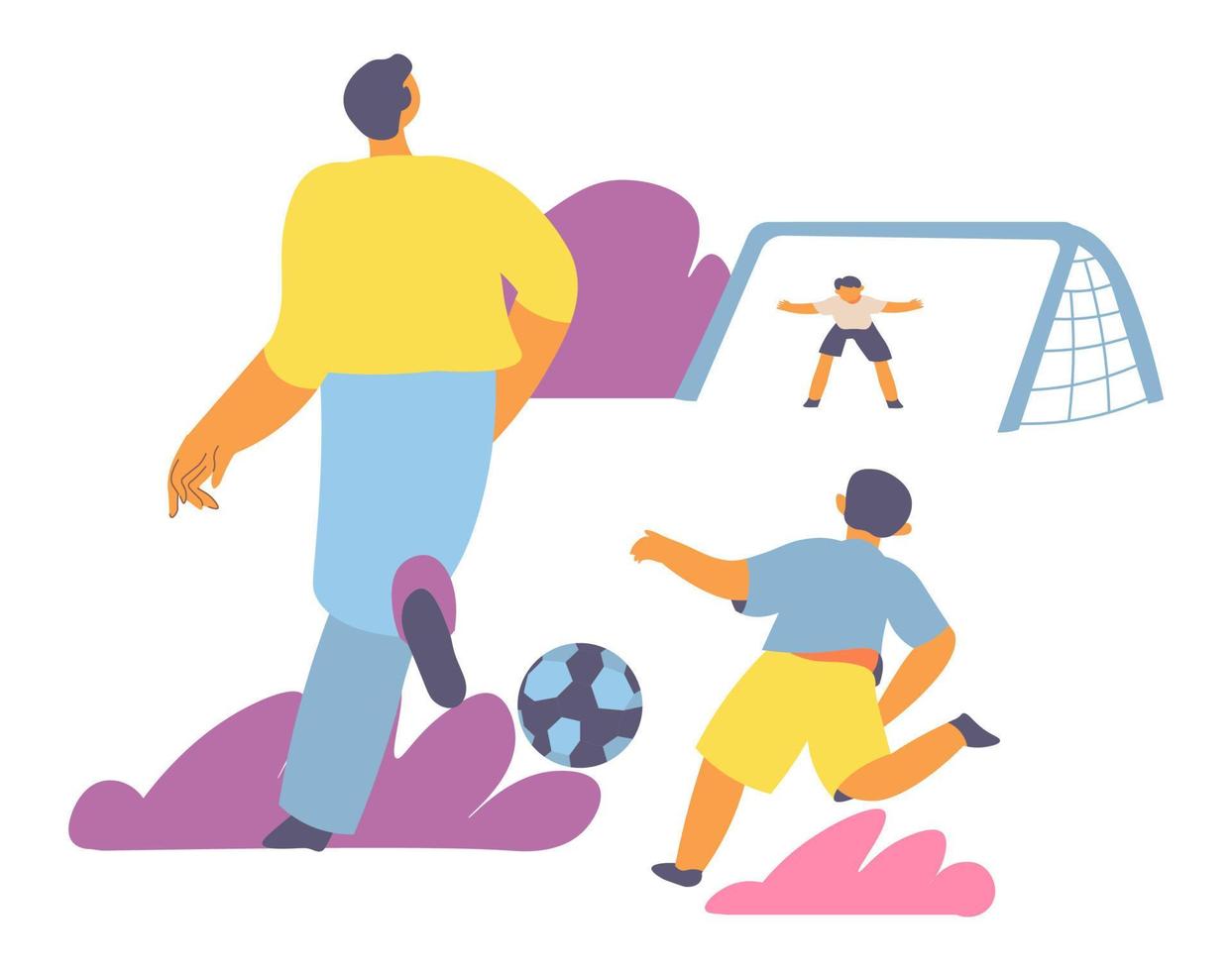 papá e hijo jugando fútbol, fines de semana familiares. vector