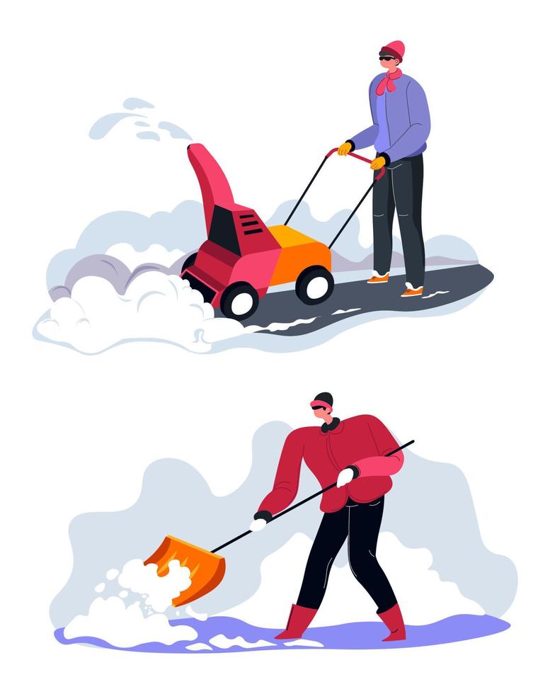 Cleaning pavement from snow, blizzard shovelling vector