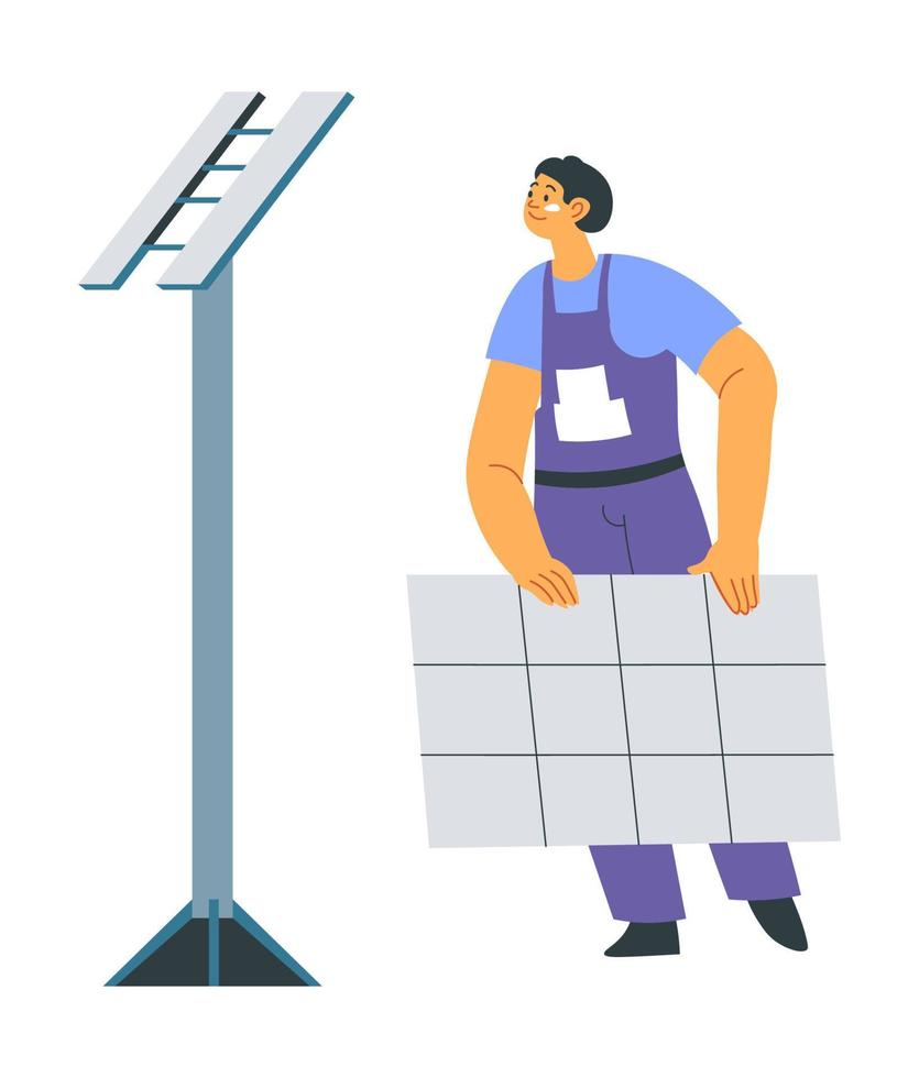 hombre instalando paneles solares, energía sostenible vector