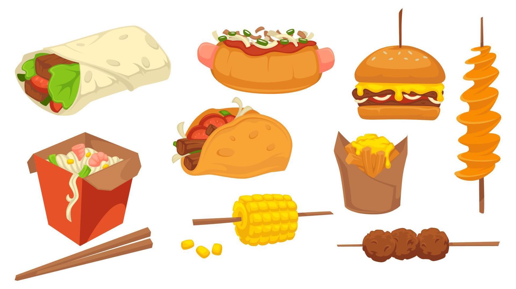 Fast food dishes, asian and mexican meals vector