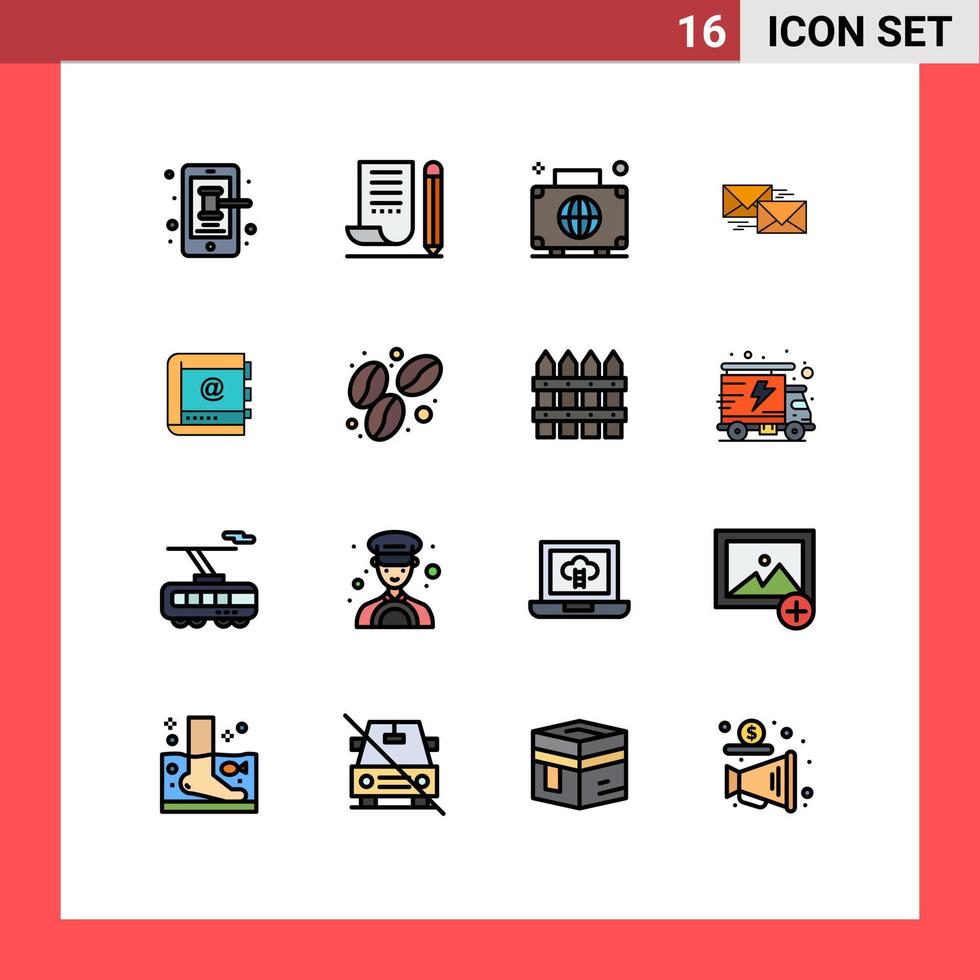 Pack of 16 Modern Flat Color Filled Lines Signs and Symbols for Web Print Media such as business reply scratch pad mail international Editable Creative Vector Design Elements
