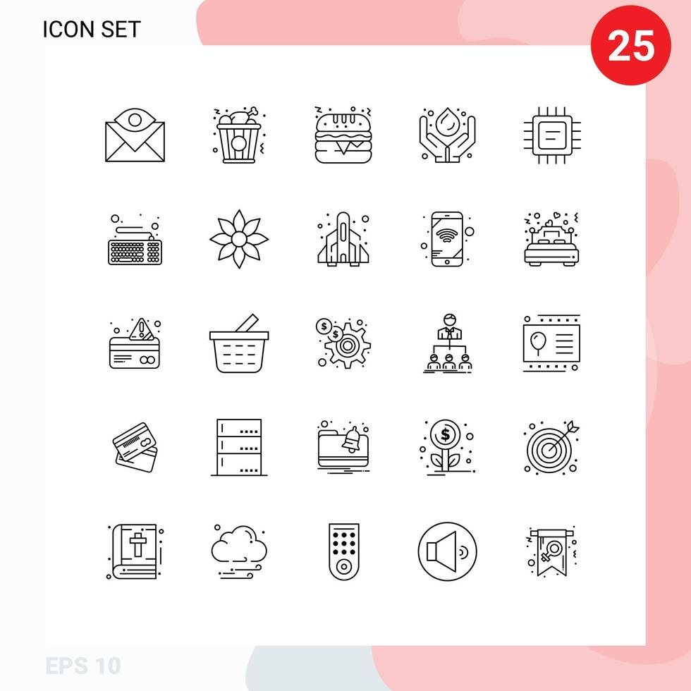 Pack of 25 Modern Lines Signs and Symbols for Web Print Media such as microchip renewable fast food power green technology Editable Vector Design Elements