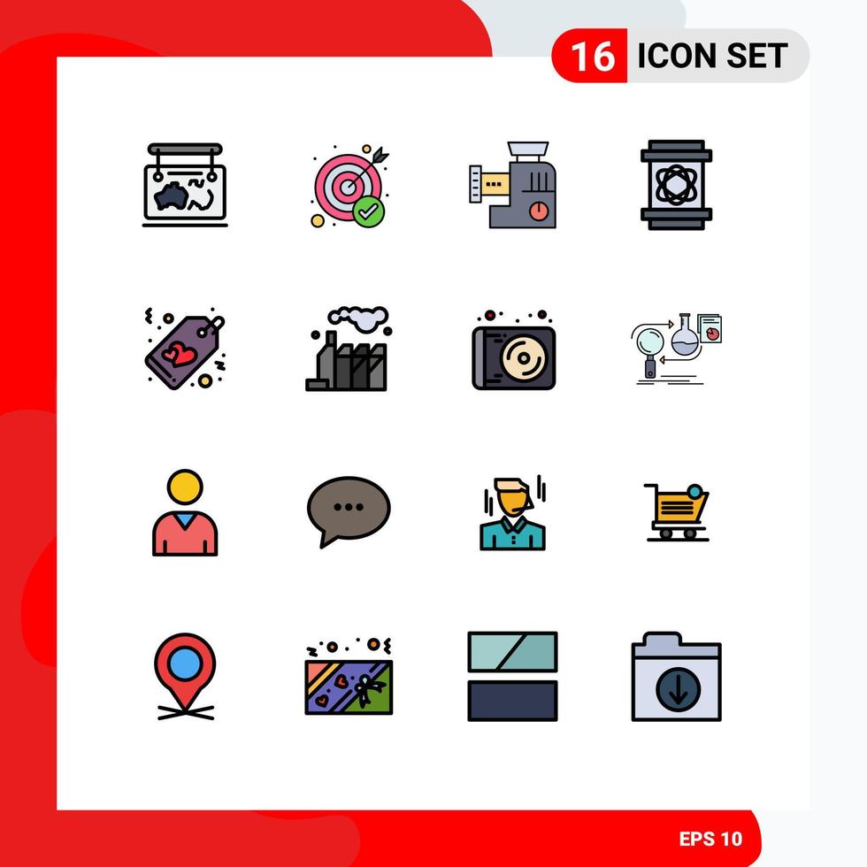 Set of 16 Vector Flat Color Filled Lines on Grid for heart science target danger mix Editable Creative Vector Design Elements