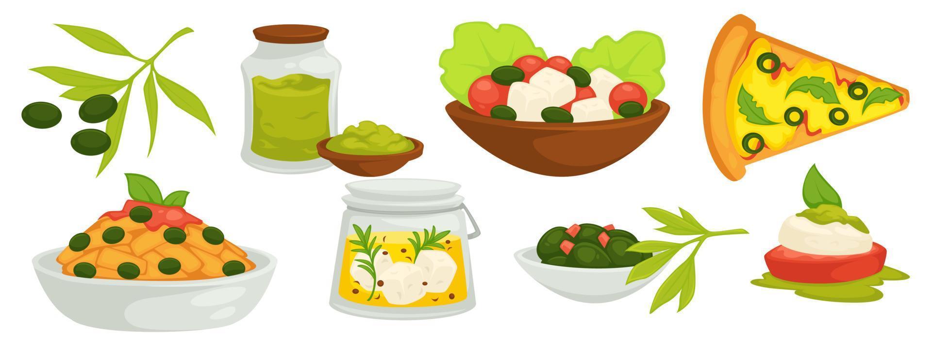 Olives based food and dishes with ingredients vector