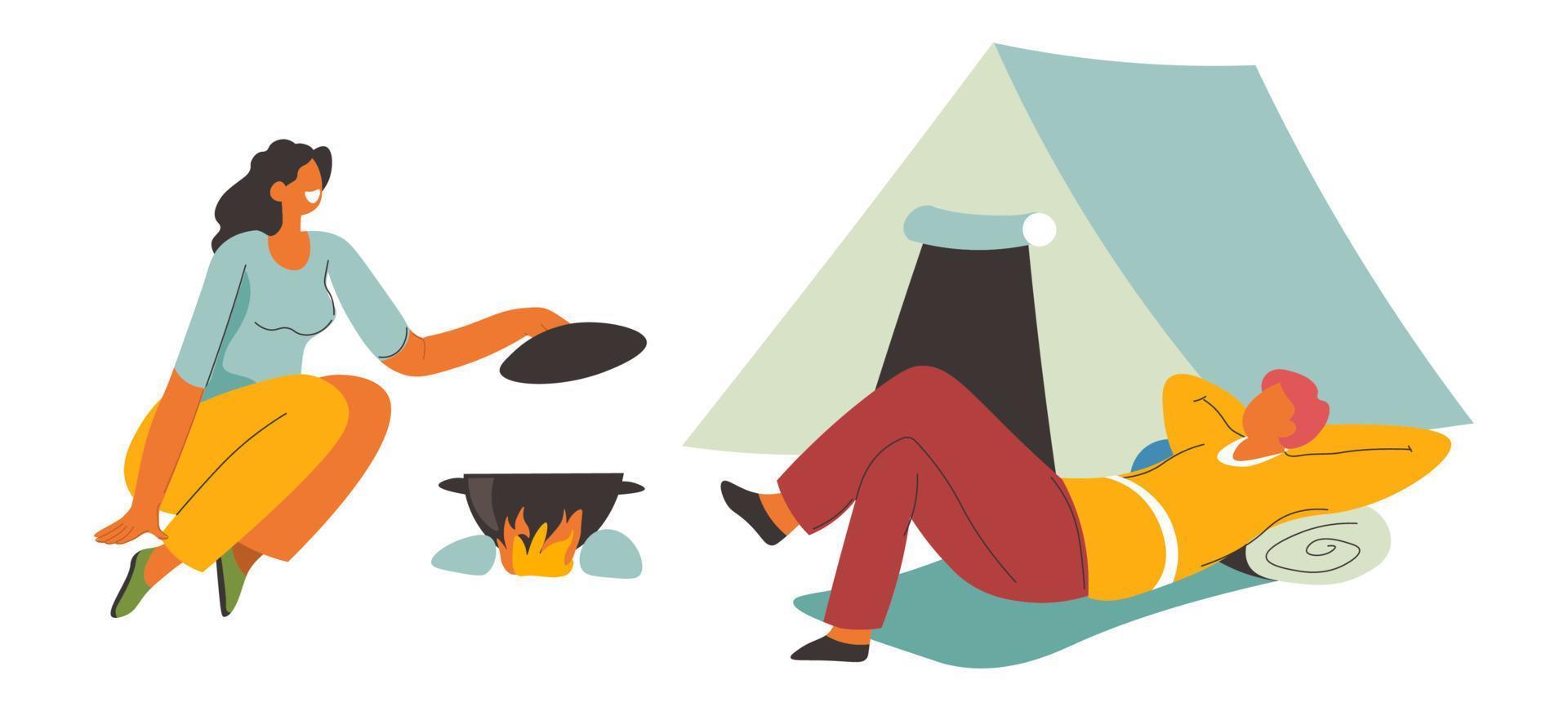 Camping recreation, summer activities on vacation vector