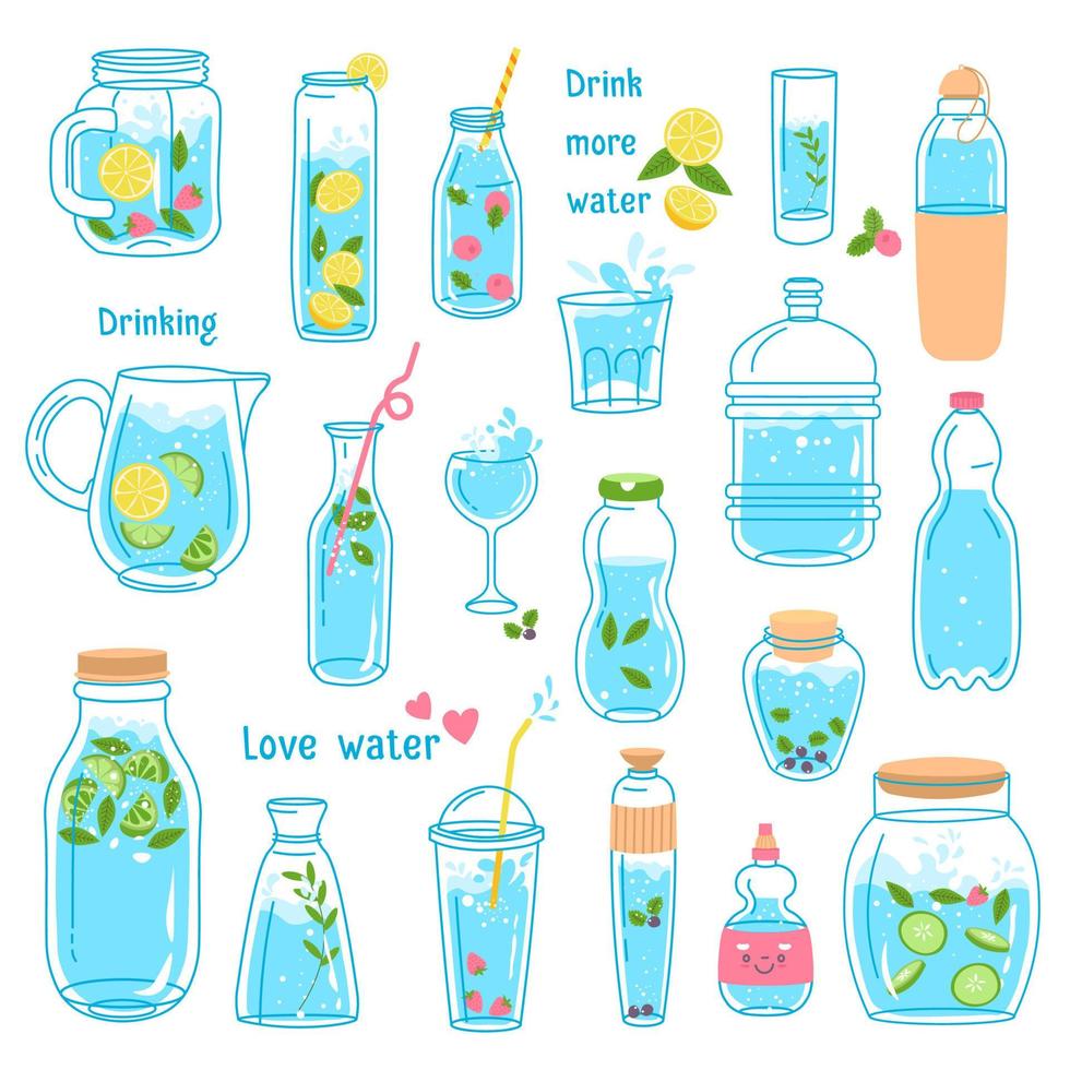 Water and lemonade, drinks and beverages in bottle vector