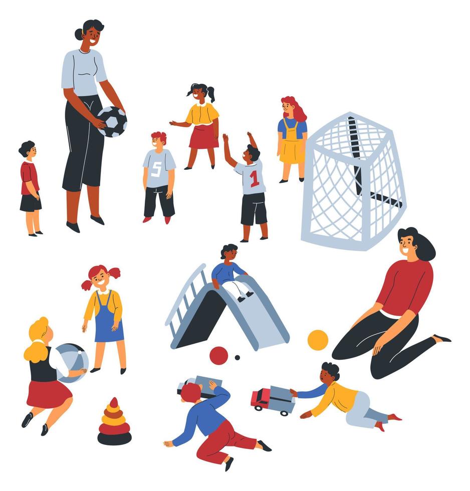 Teacher playing with kids, football and games vector