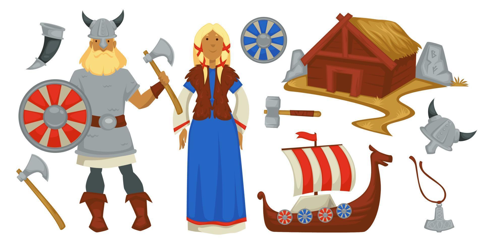 vikingos hombre mujer en ropa tradicional vector