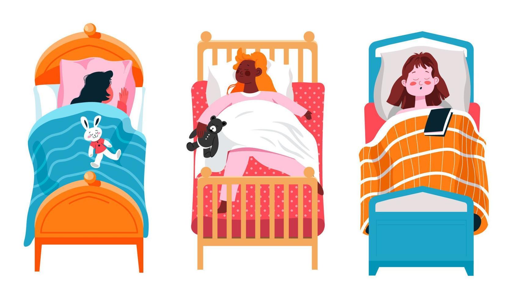 Sleeping children in bed with toys, asleep kid vector