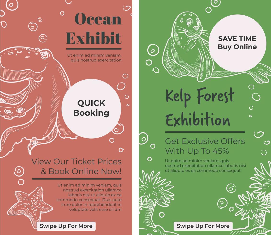 Ocean exhibit, forest animals book tickets web vector