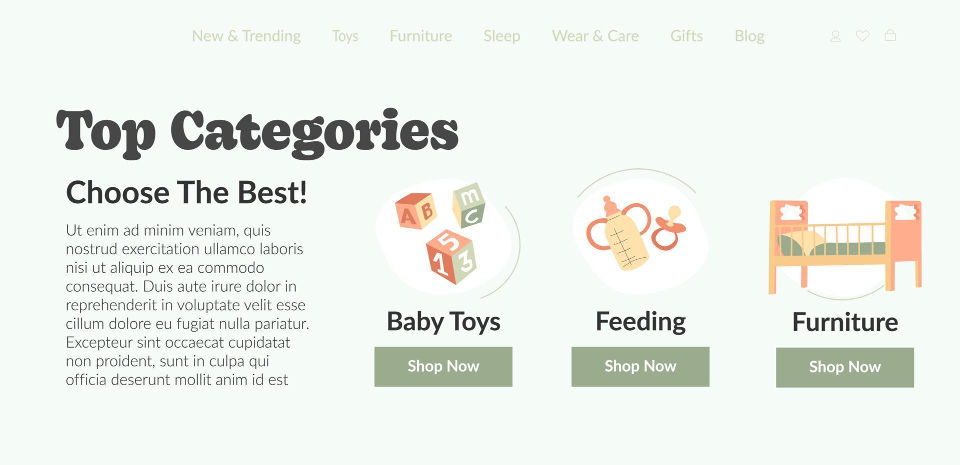 categorías principales, elija los mejores muebles de juguetes para bebés vector