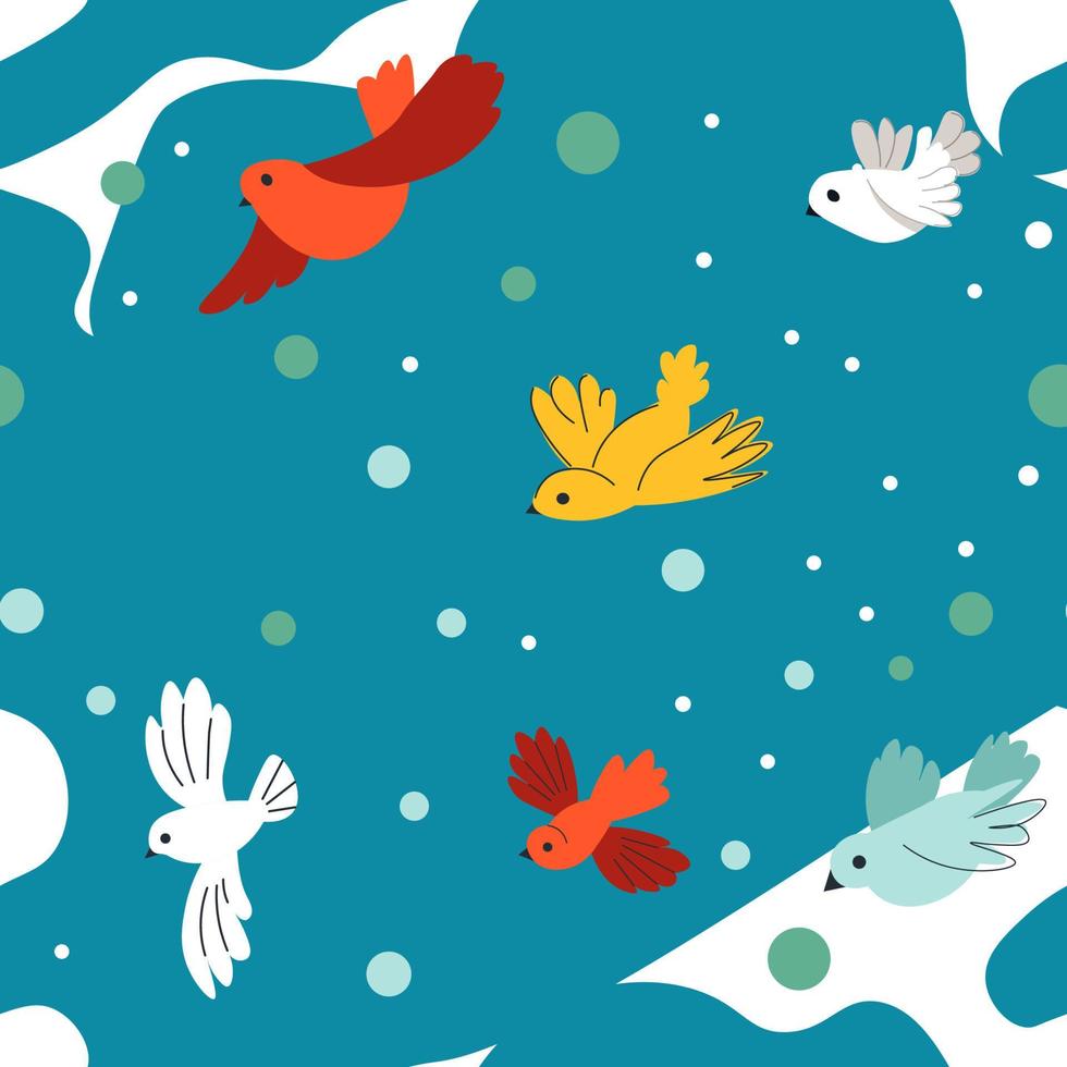 Flying birds in winter season, snowing weather vector