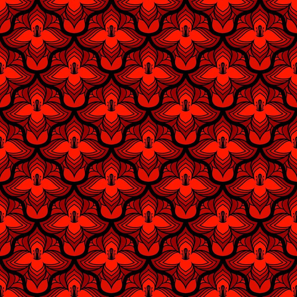BLACK SEAMLESS VECTOR ART NOUVEAU BACKGROUND WITH RED FLOWERS