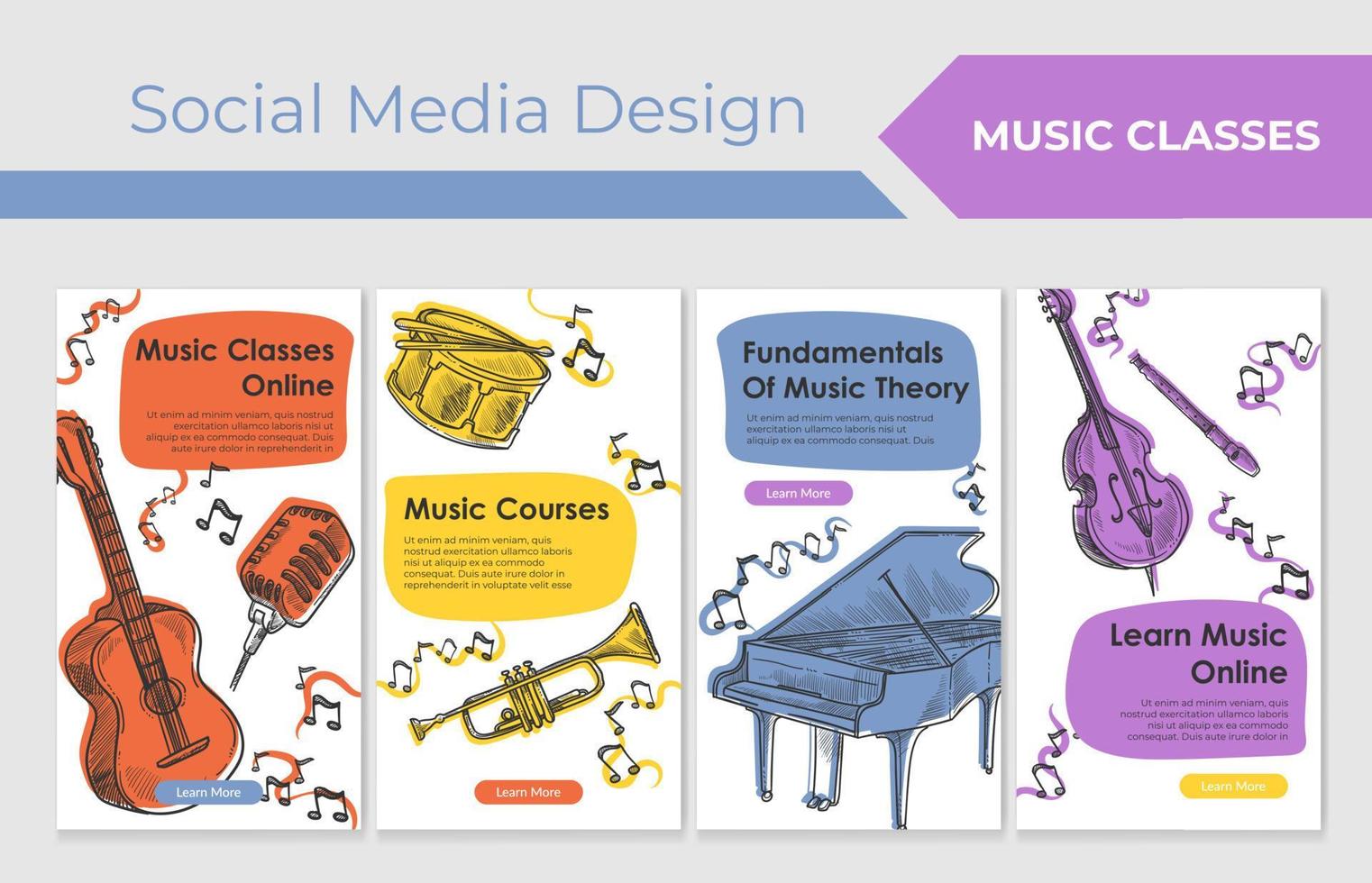 curso de música en línea en el conjunto de banners de redes sociales vector