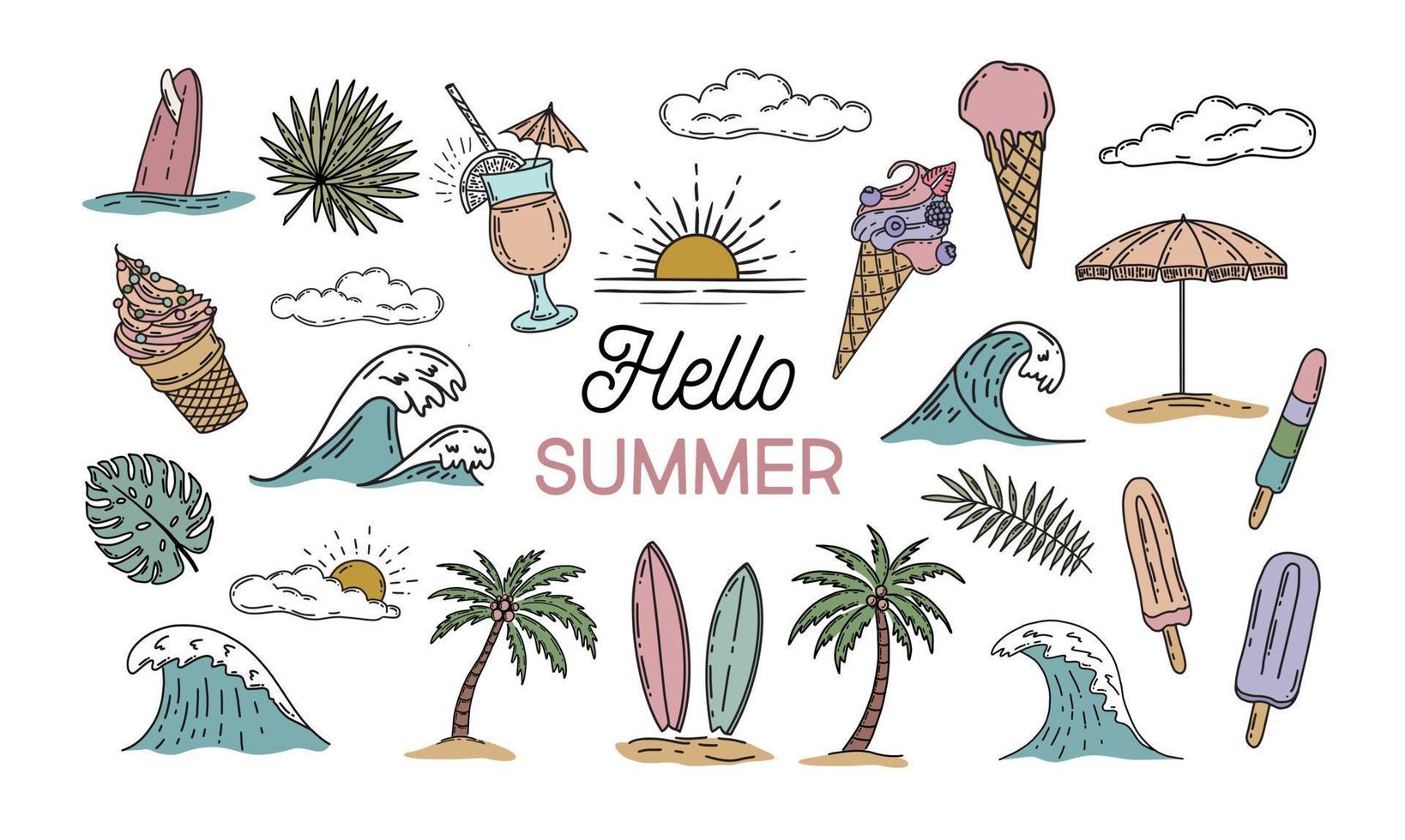 Summer icon set, hand drawn illustration vector