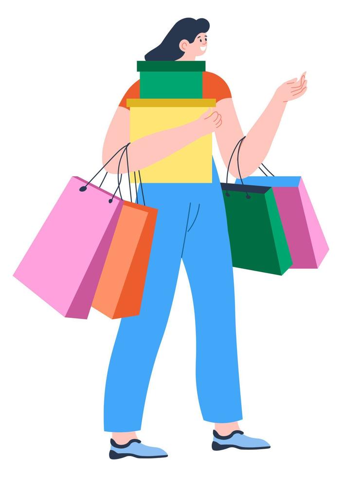 Woman with boxes and bags returning from shopping vector